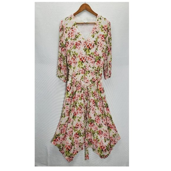 J. Jill Dresses & Skirts - J Jill Dress Womens 2x Midi V-Neck 3/4 Sleeves Floral Elastic Waist Tie Flowy
